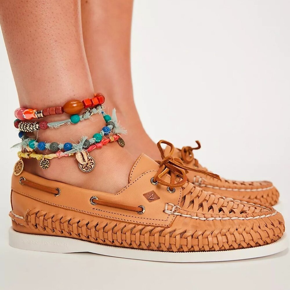 NIB Sperry 2-Eye Woven Leather Boat Shoes Tan Size 8.5